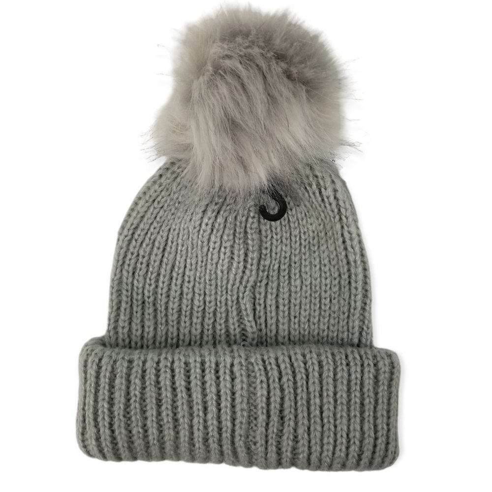 Topshop Grey Ribbed Faux Fur Pom Beanie